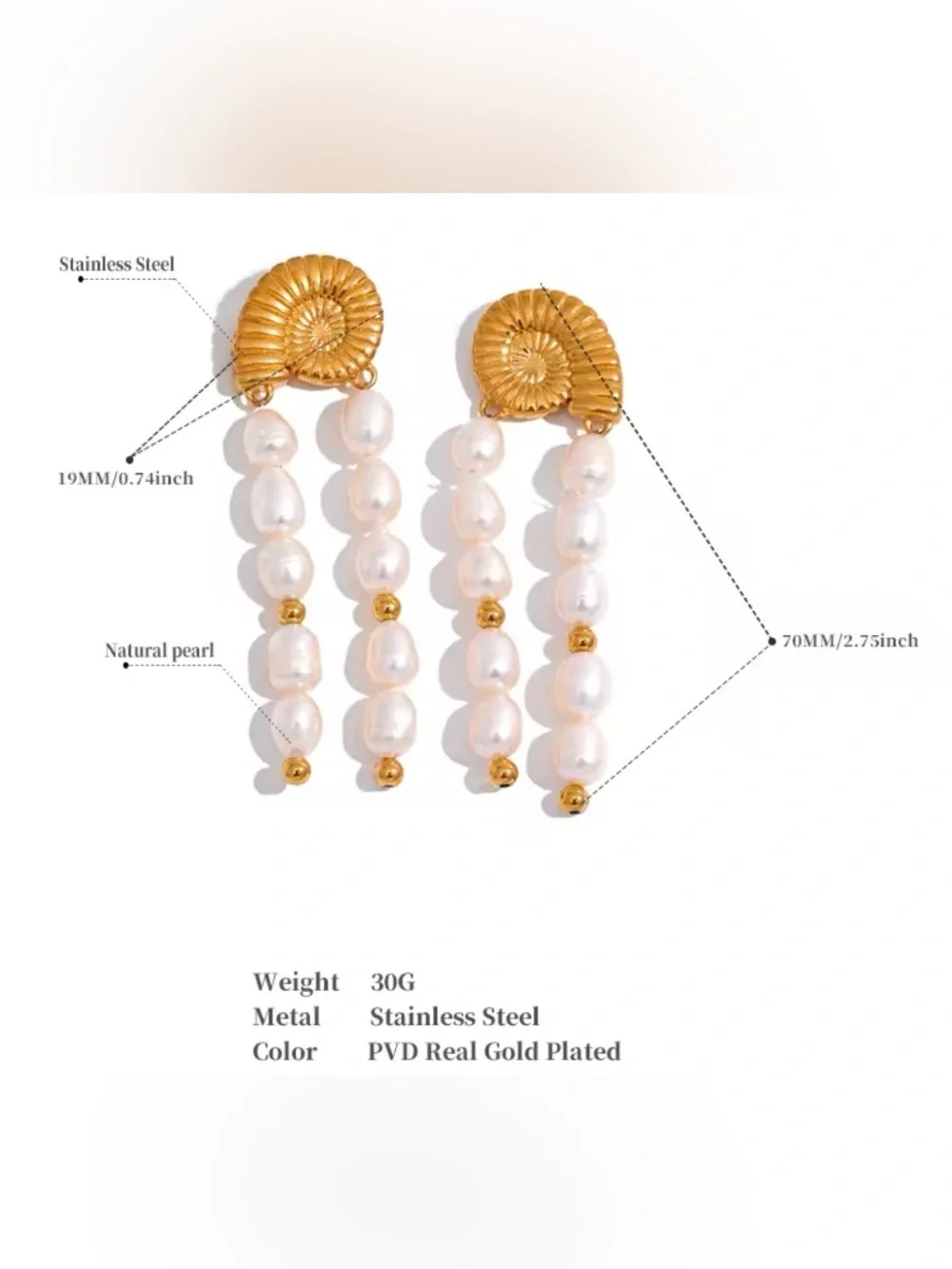 Gold Shell Fresh Water Pearl Drop Earrings - Picture 2 of 2